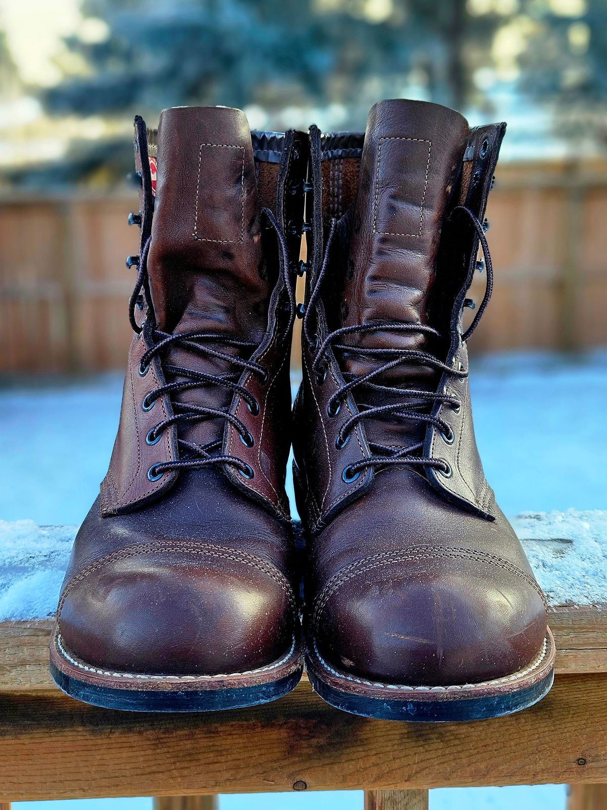 Photo by hosekileather on January 4, 2026 of the Red Wing x Indian Motorcycle Spirit Lake in Redwing Amber Portage Leather.