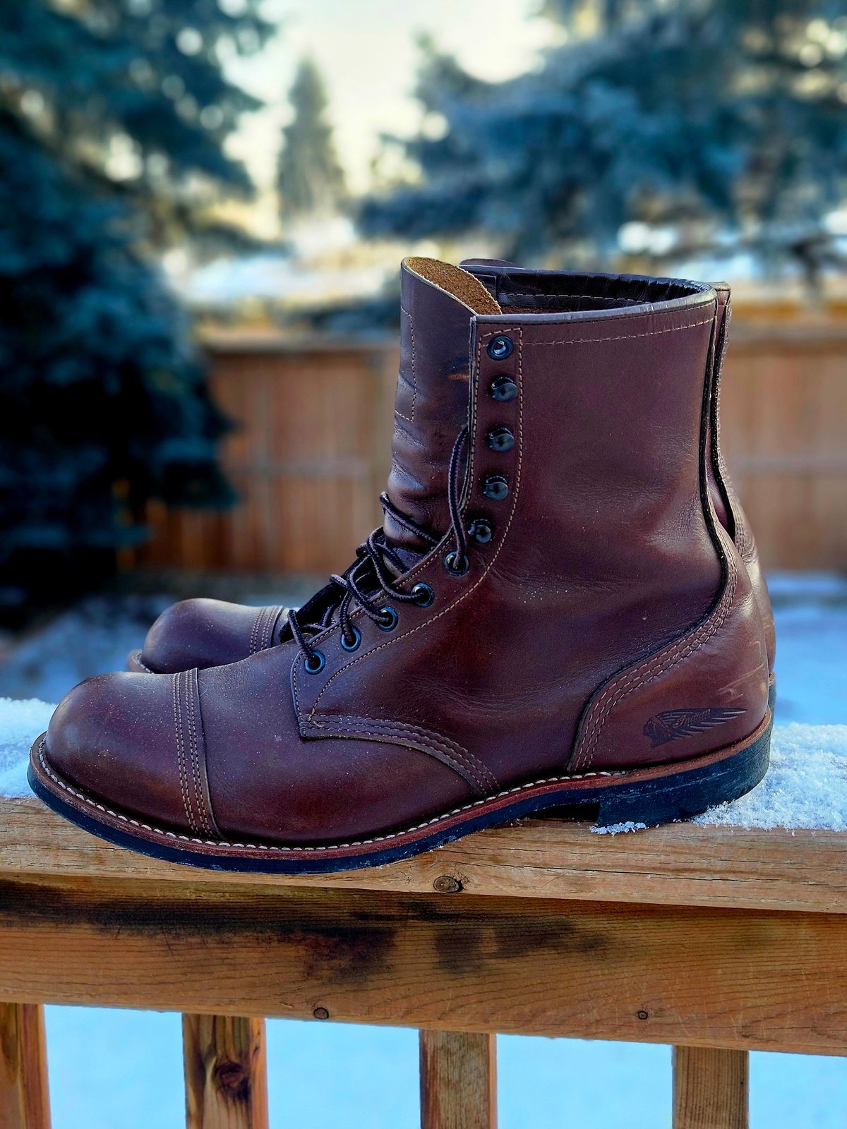 Photo by hosekileather on January 4, 2026 of the Red Wing x Indian Motorcycle Spirit Lake in Redwing Amber Portage Leather.