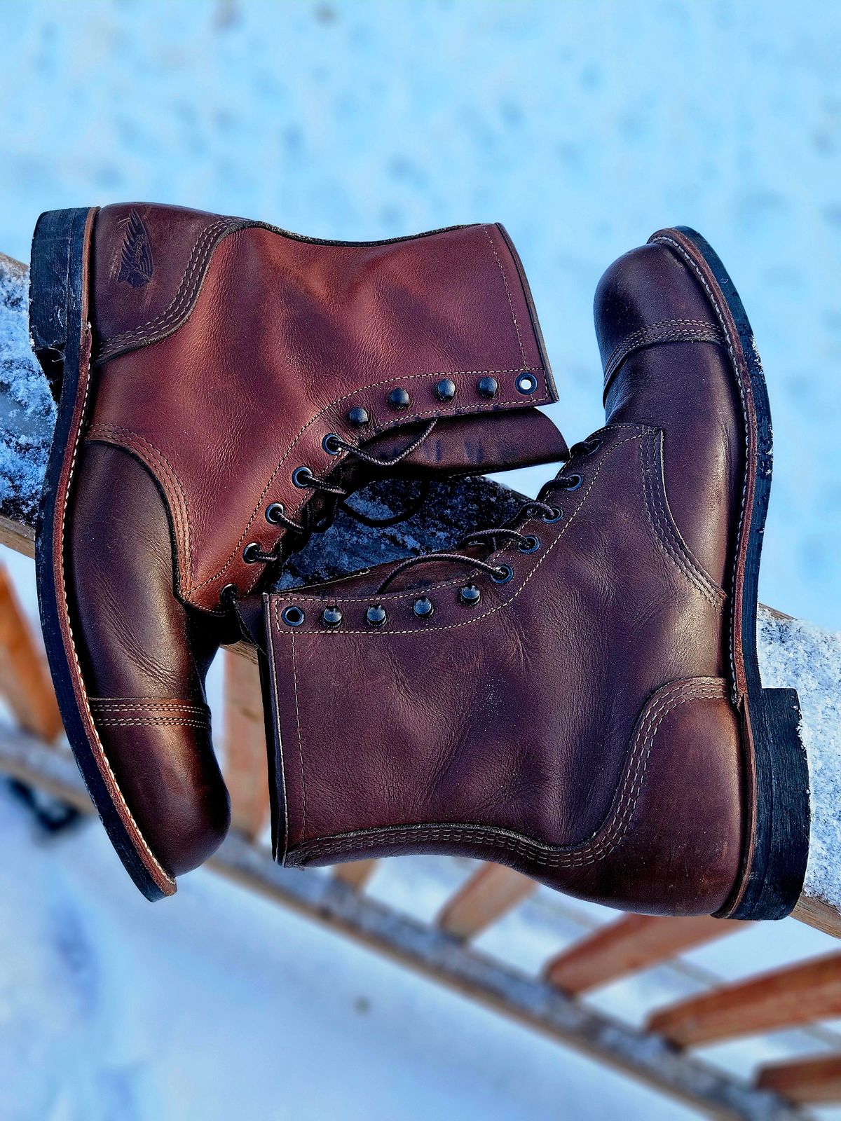 Photo by hosekileather on January 4, 2026 of the Red Wing x Indian Motorcycle Spirit Lake in Redwing Amber Portage Leather.