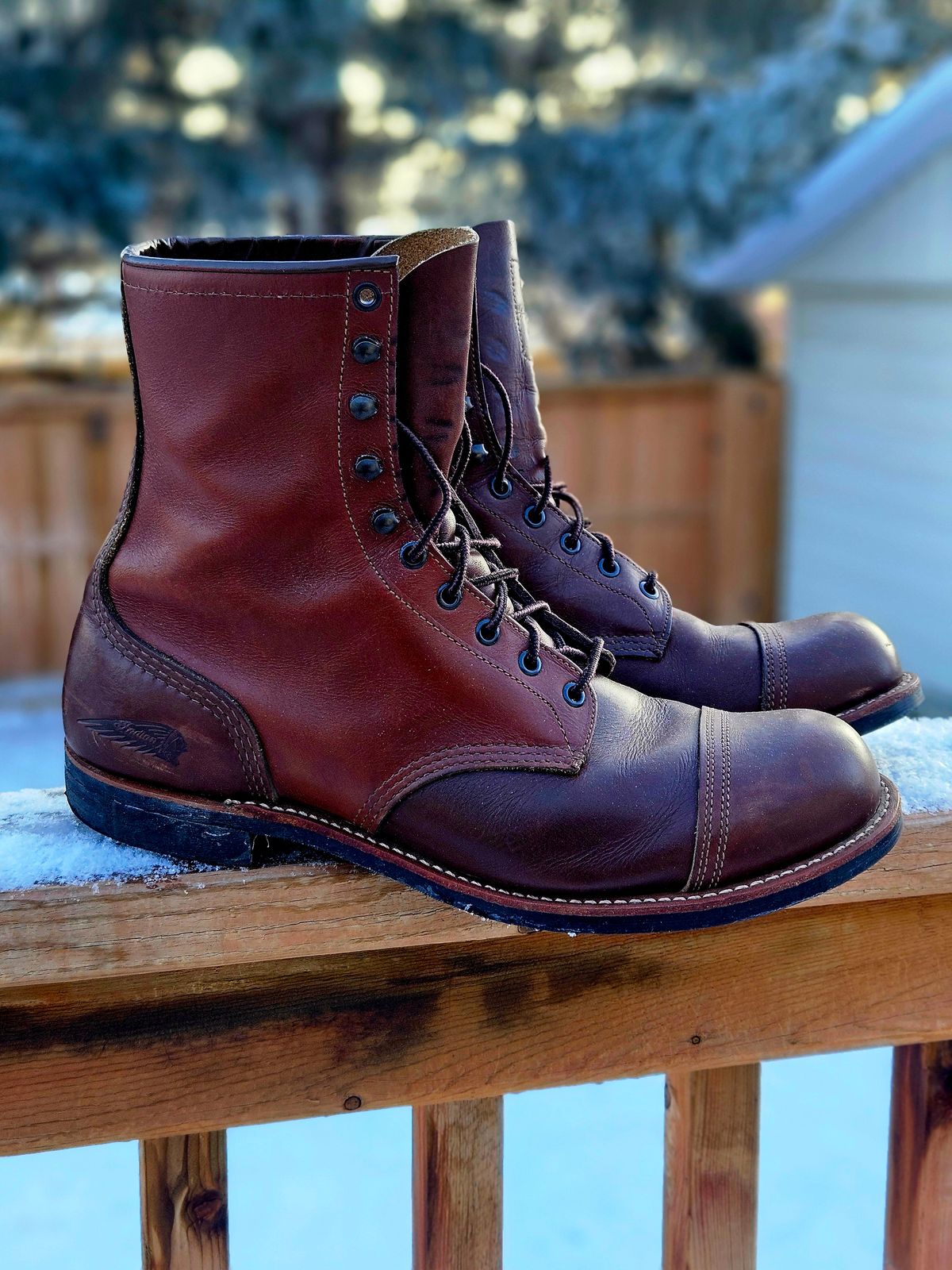 Photo by hosekileather on January 4, 2026 of the Red Wing x Indian Motorcycle Spirit Lake in Redwing Amber Portage Leather.