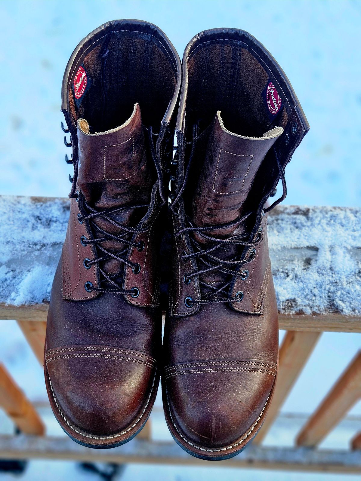 Photo by hosekileather on January 4, 2026 of the Red Wing x Indian Motorcycle Spirit Lake in Redwing Amber Portage Leather.