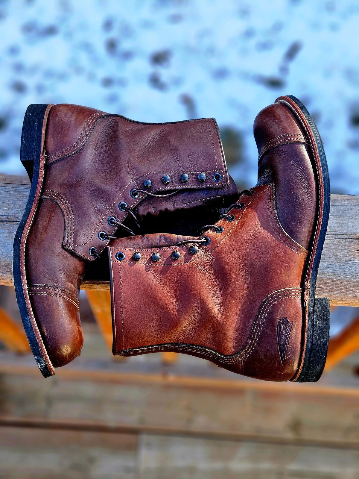 Photo by hosekileather on February 3, 2026 of the Red Wing x Indian Motorcycle Spirit Lake in Redwing Amber Portage Leather.