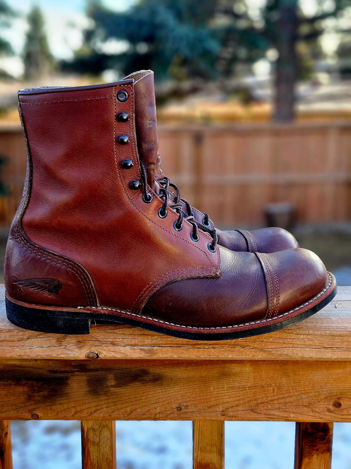 Photo by hosekileather on February 3, 2026 of the Red Wing x Indian Motorcycle Spirit Lake in Redwing Amber Portage Leather.