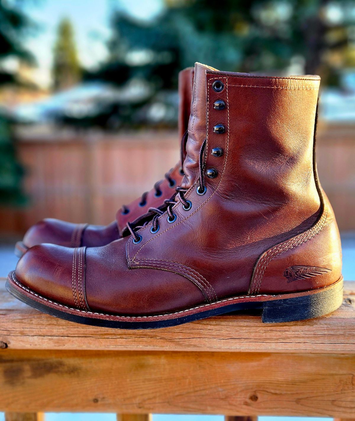 Photo by hosekileather on March 2, 2026 of the Red Wing x Indian Motorcycle Spirit Lake in Redwing Amber Portage Leather.