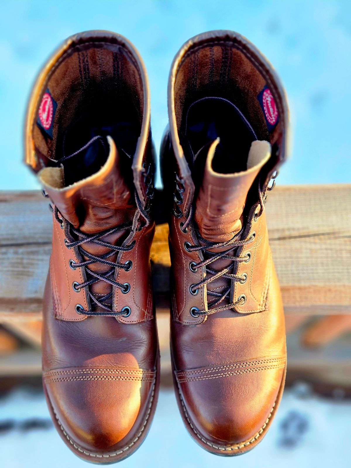 Photo by hosekileather on March 2, 2026 of the Red Wing x Indian Motorcycle Spirit Lake in Redwing Amber Portage Leather.