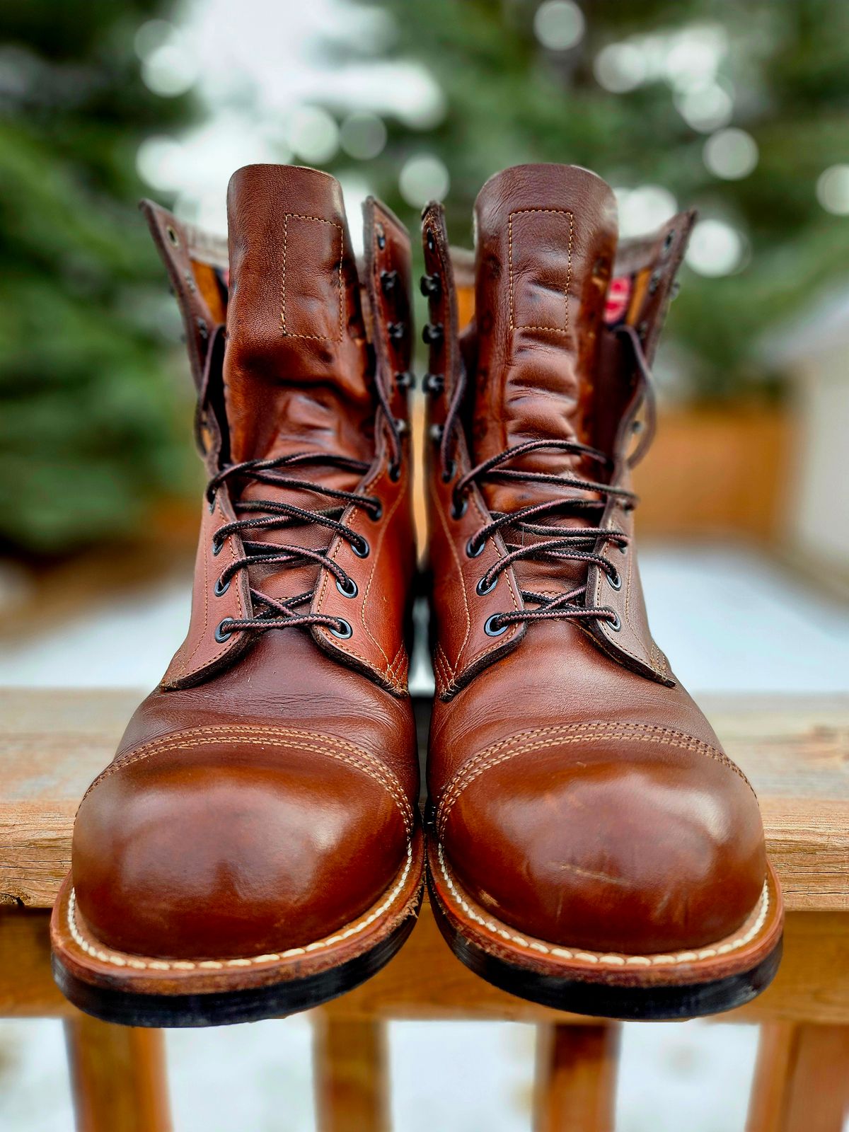 Photo by hosekileather on April 1, 2026 of the Red Wing x Indian Motorcycle Spirit Lake in Redwing Amber Portage Leather.