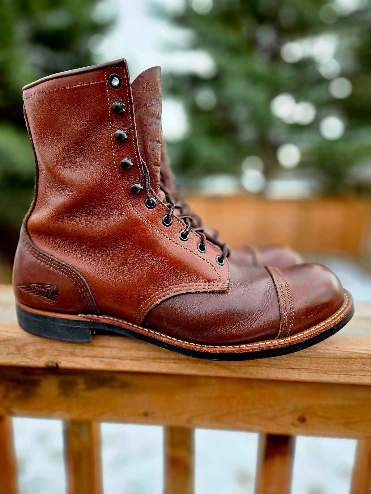 Photo by hosekileather on April 1, 2026 of the Red Wing x Indian Motorcycle Spirit Lake in Redwing Amber Portage Leather.