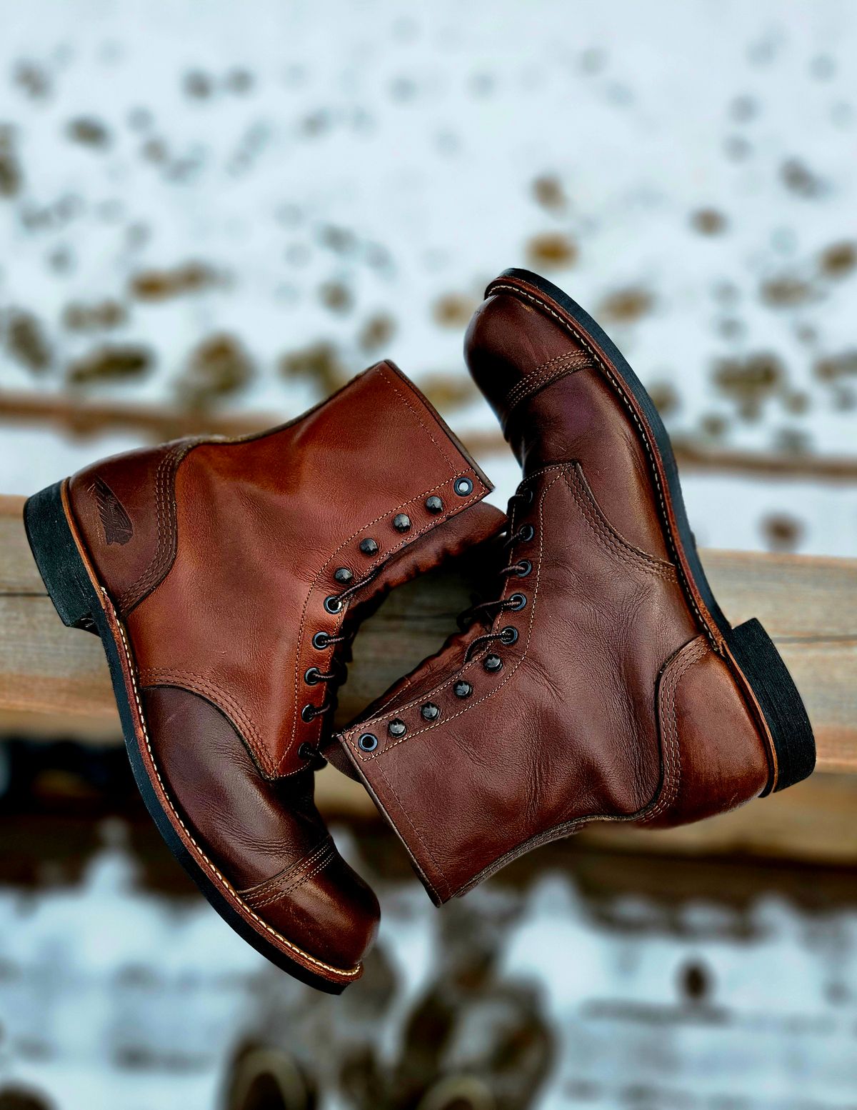 Photo by hosekileather on April 1, 2026 of the Red Wing x Indian Motorcycle Spirit Lake in Redwing Amber Portage Leather.