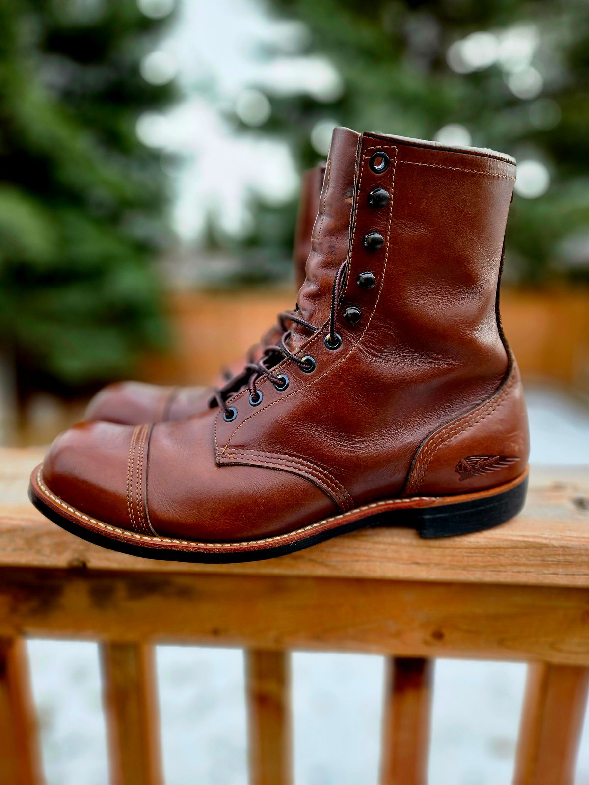 Photo by hosekileather on April 1, 2026 of the Red Wing x Indian Motorcycle Spirit Lake in Redwing Amber Portage Leather.