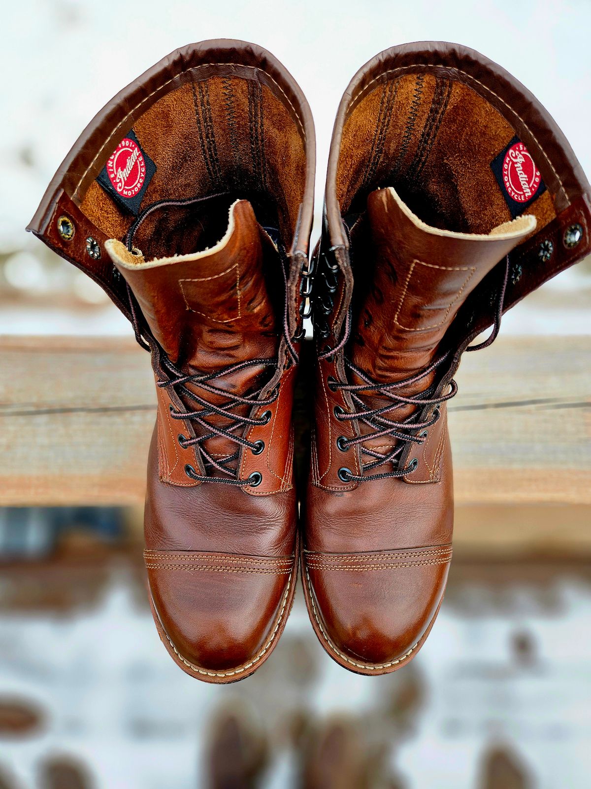 Photo by hosekileather on April 1, 2026 of the Red Wing x Indian Motorcycle Spirit Lake in Redwing Amber Portage Leather.