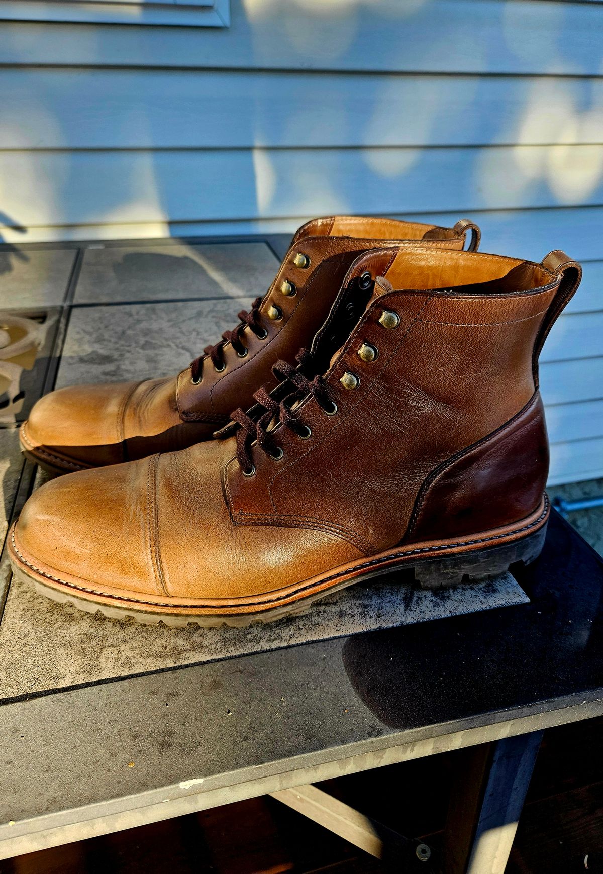 Photo by hosekileather on January 1, 2024 of the J.Crew Kenton Pacer Boots in Horween Natural Chromexcel.