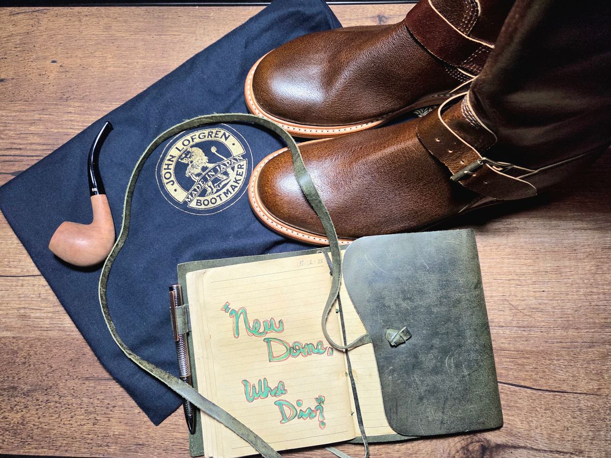 Photo by farroyo81 on October 1, 2025 of the John Lofgren Wabash Engineer Boots in Horween SHF Horsehide Havana.