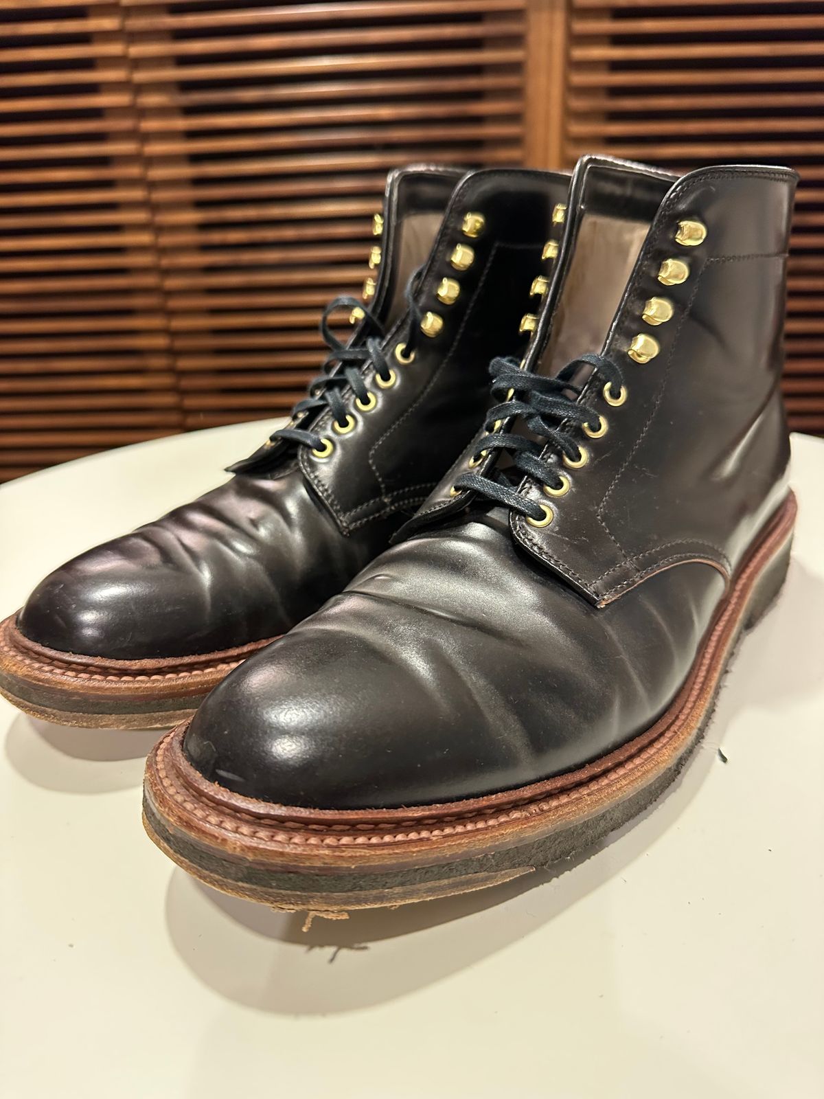 Photo by bankrobber on July 27, 2023 of the Alden x Leffot Walter in Horween Black Shell Cordovan.