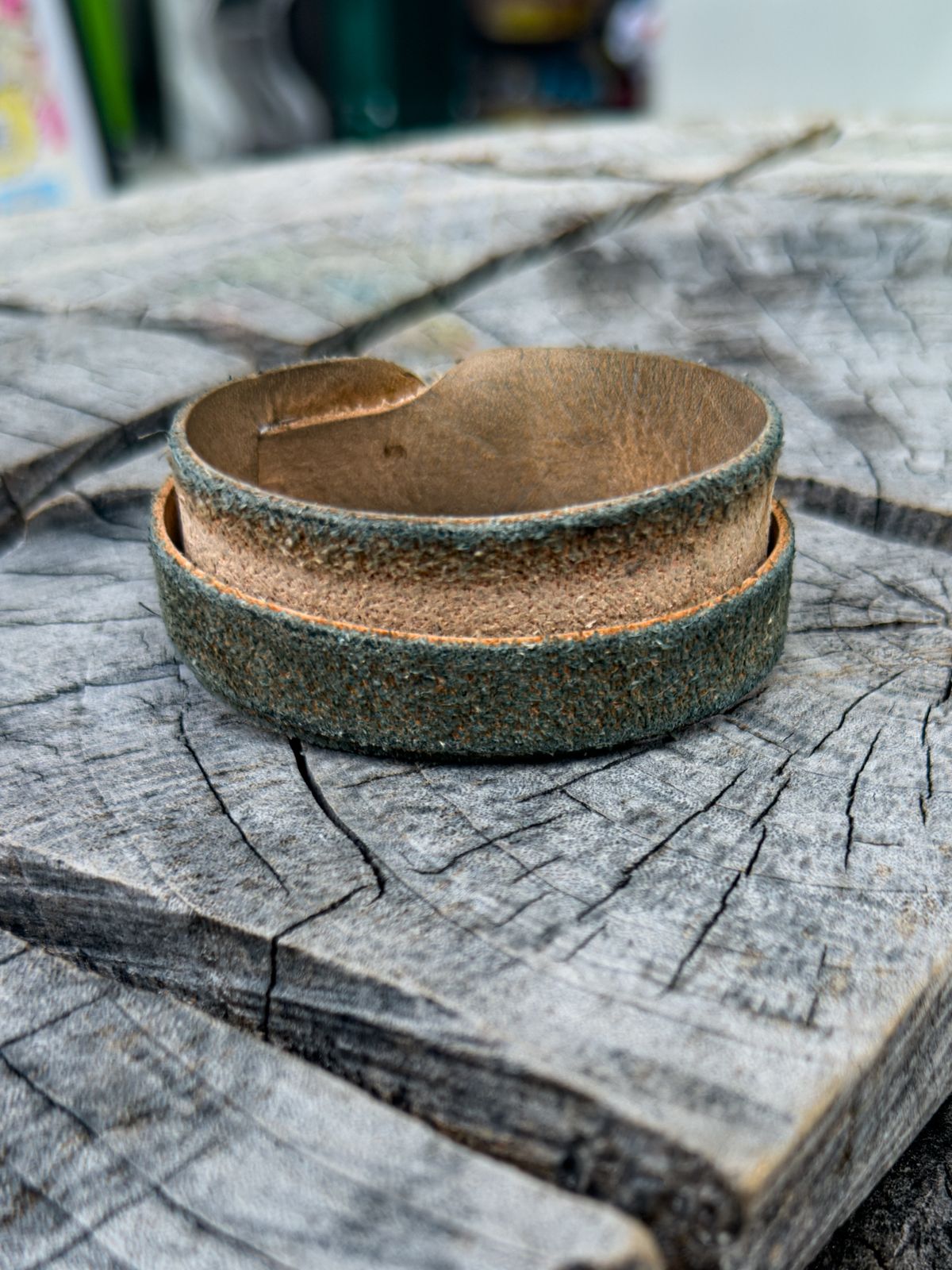 Photo by KVanDev on March 6, 2026 of the Harker Leatherworks Leather cuff in Unknown Natural Veg Tan Roughout.