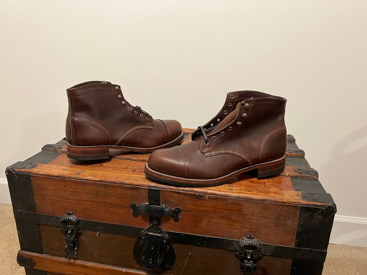 Photo by mluchterhand on October 8, 2025 of the Wolverine 1000 Mile Cap-Toe Boot in Horween Havana Brown Chromexcel.