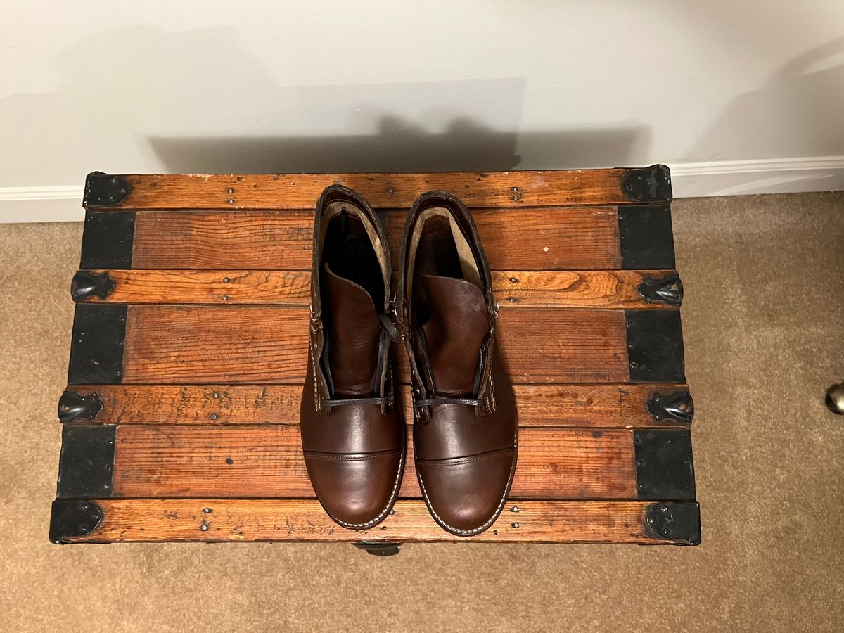 Photo by mluchterhand on October 8, 2025 of the Wolverine 1000 Mile Cap-Toe Boot in Horween Havana Brown Chromexcel.