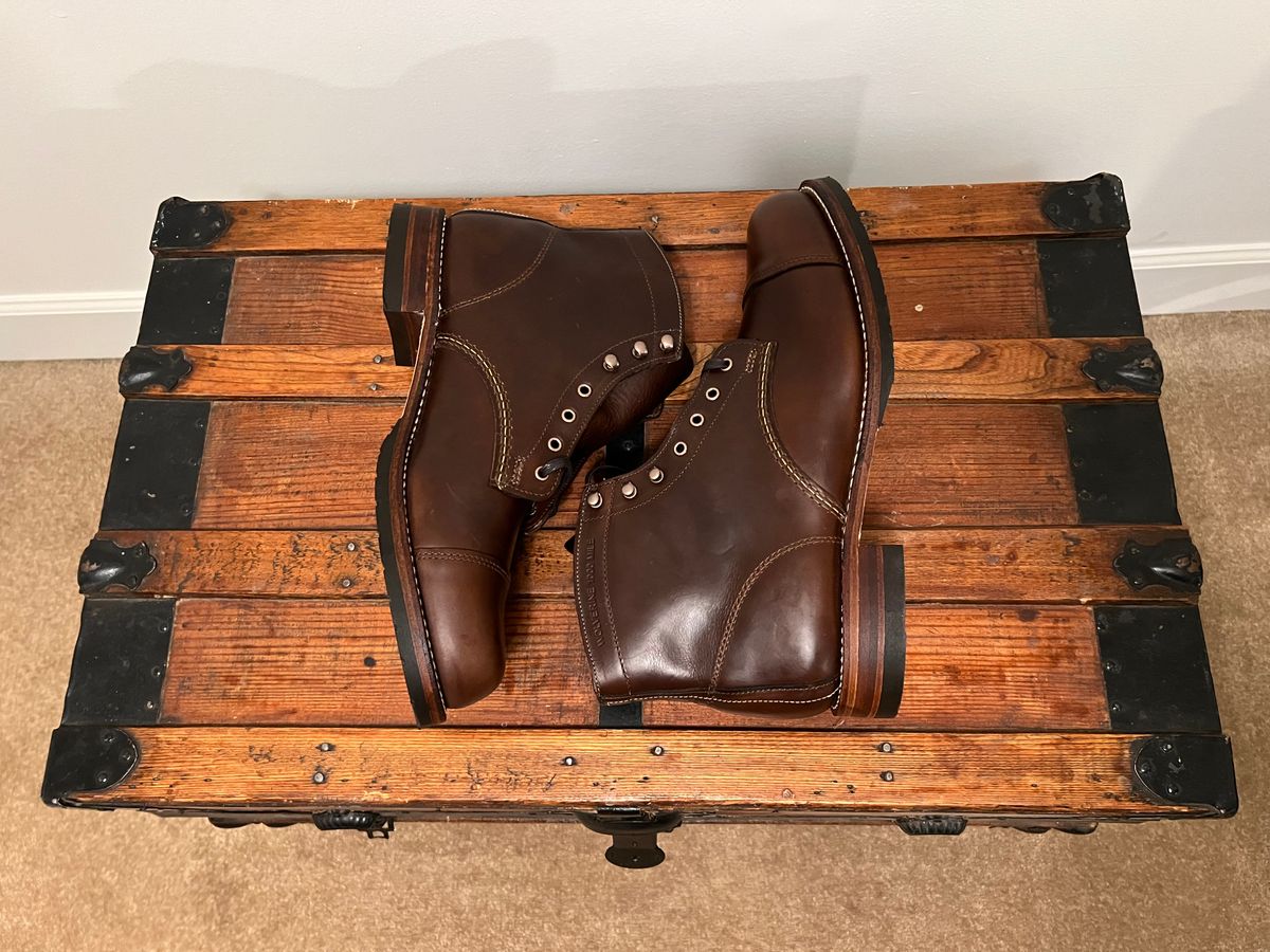 Photo by mluchterhand on October 8, 2025 of the Wolverine 1000 Mile Cap-Toe Boot in Horween Havana Brown Chromexcel.