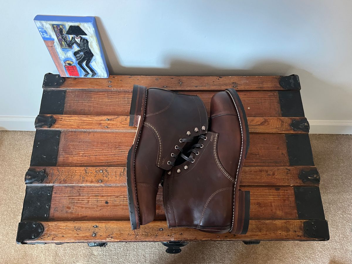 Photo by mluchterhand on November 5, 2025 of the Wolverine 1000 Mile Cap-Toe Boot in Horween Havana Brown Chromexcel.