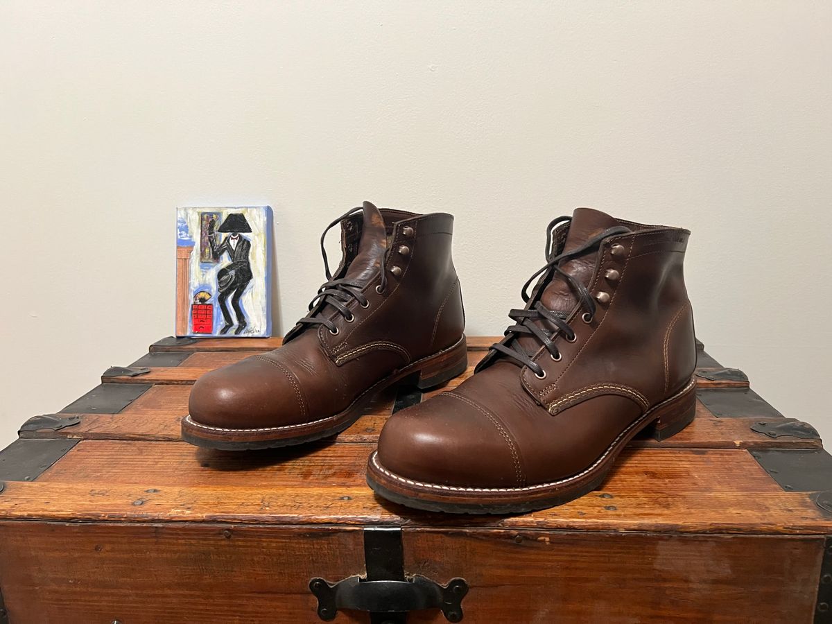 Photo by mluchterhand on December 6, 2025 of the Wolverine 1000 Mile Cap-Toe Boot in Horween Havana Brown Chromexcel.