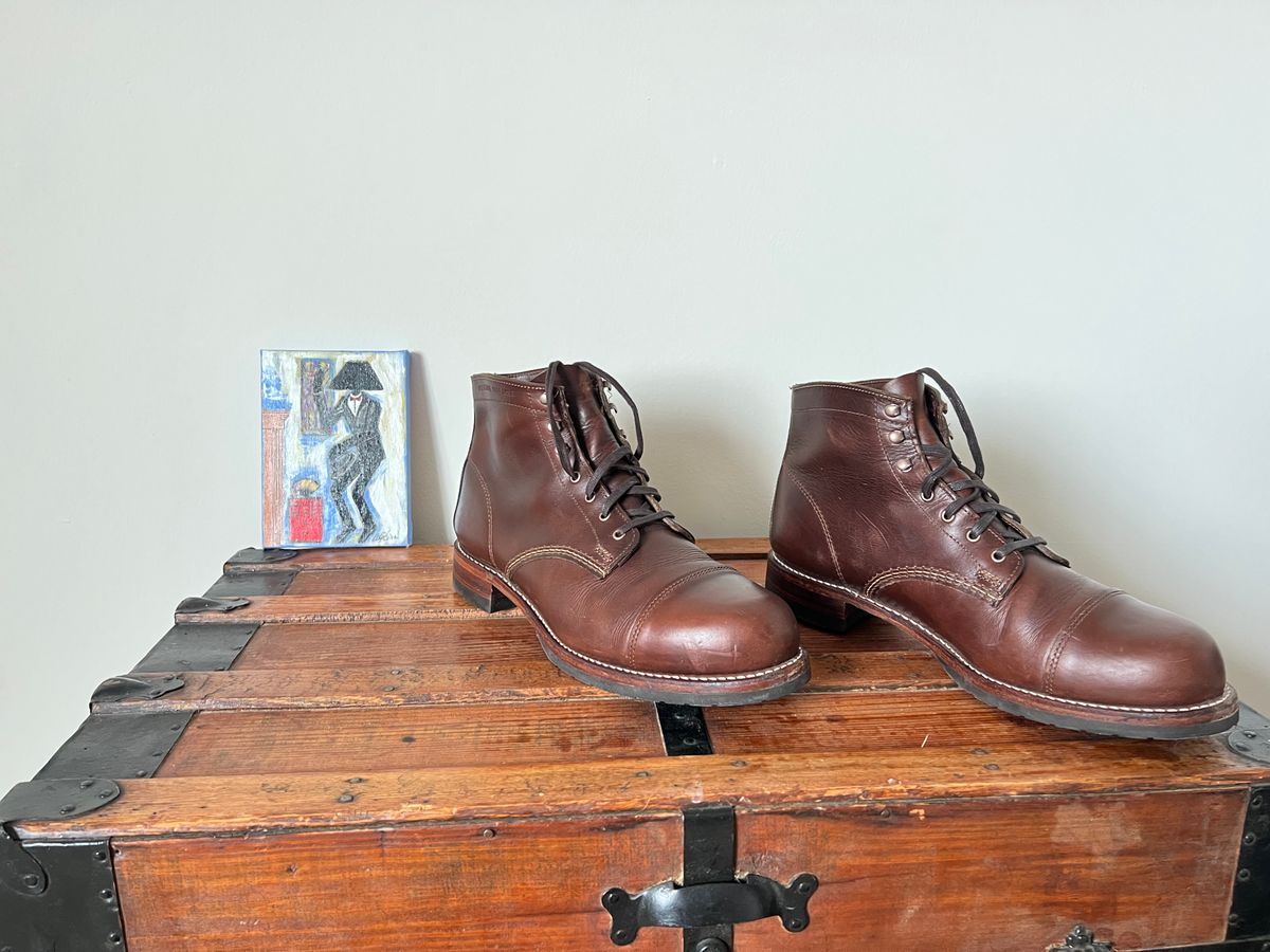 Photo by mluchterhand on January 6, 2026 of the Wolverine 1000 Mile Cap-Toe Boot in Horween Havana Brown Chromexcel.