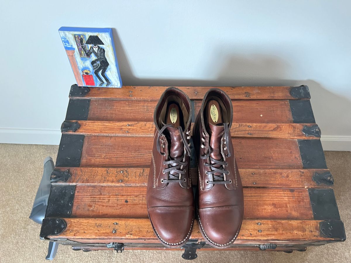 Photo by mluchterhand on January 6, 2026 of the Wolverine 1000 Mile Cap-Toe Boot in Horween Havana Brown Chromexcel.