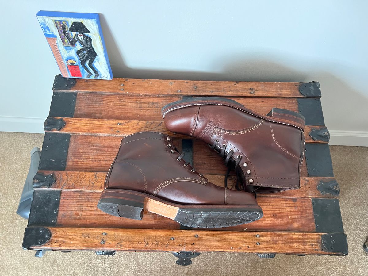 Photo by mluchterhand on January 6, 2026 of the Wolverine 1000 Mile Cap-Toe Boot in Horween Havana Brown Chromexcel.