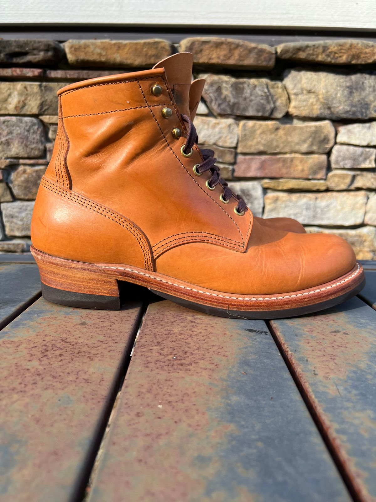 Photo by wvbootsndenim on November 4, 2024 of the John Lofgren Steel Gang Boots in Badalassi Carlo Bone Pueblo.