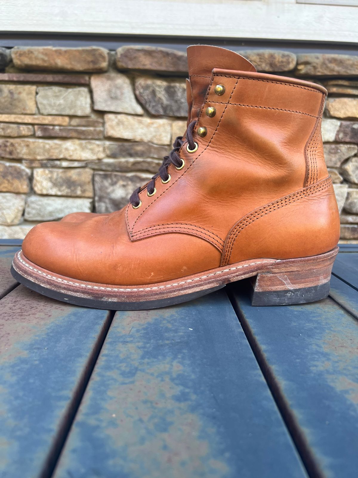 Photo by wvbootsndenim on February 4, 2025 of the John Lofgren Steel Gang Boots in Badalassi Carlo Bone Pueblo.