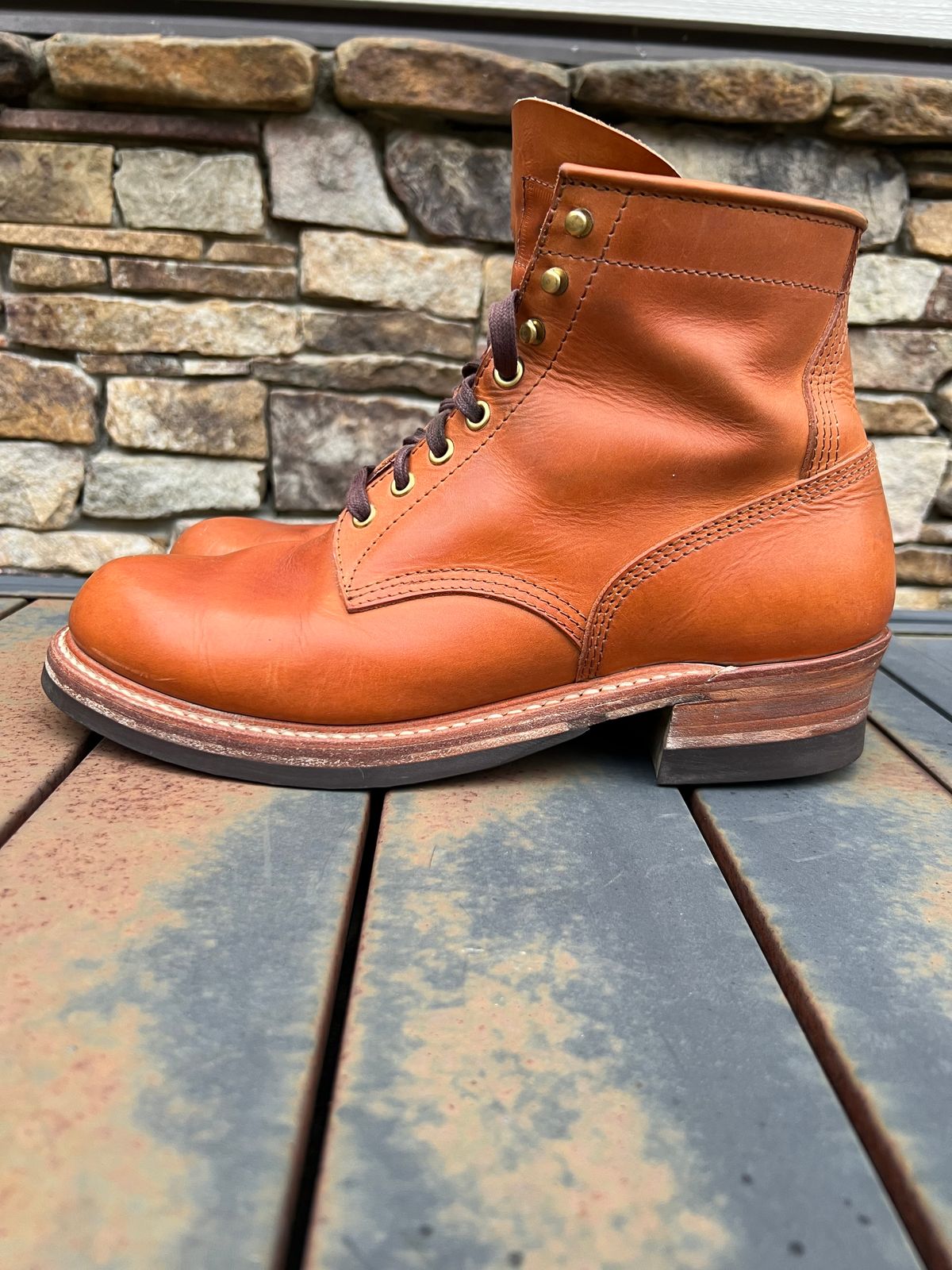Photo by wvbootsndenim on March 1, 2025 of the John Lofgren Steel Gang Boots in Badalassi Carlo Bone Pueblo.