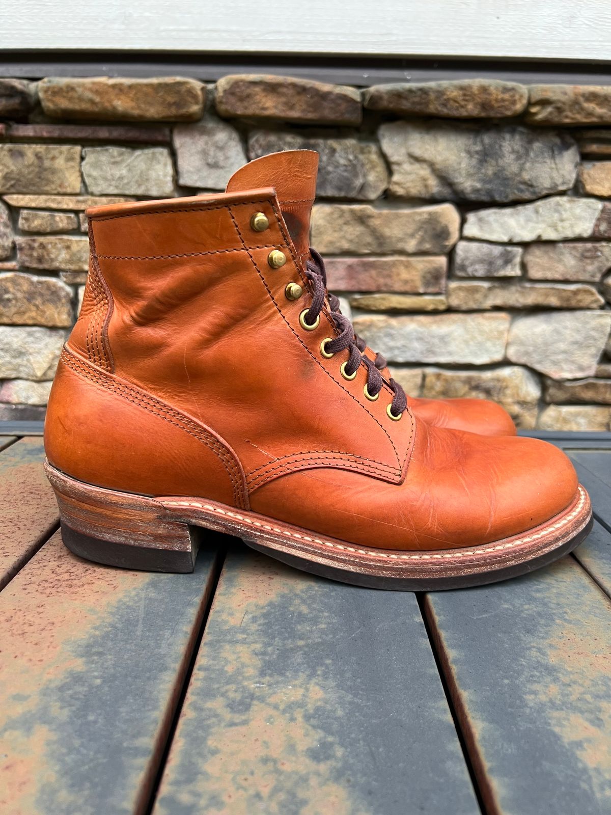 Photo by wvbootsndenim on March 1, 2025 of the John Lofgren Steel Gang Boots in Badalassi Carlo Bone Pueblo.