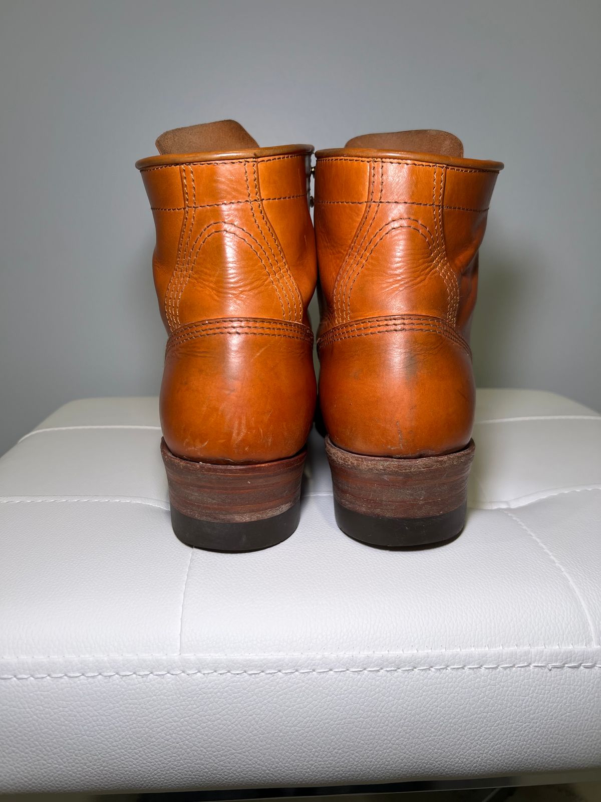 Photo by wvbootsndenim on April 6, 2025 of the John Lofgren Steel Gang Boots in Badalassi Carlo Bone Pueblo.