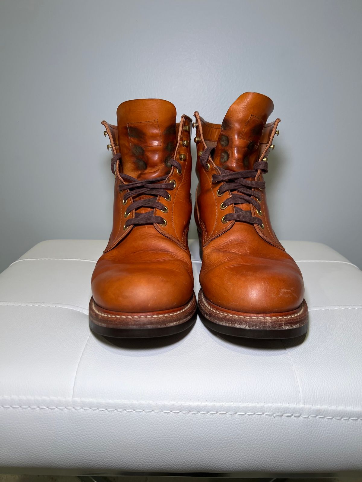Photo by wvbootsndenim on April 6, 2025 of the John Lofgren Steel Gang Boots in Badalassi Carlo Bone Pueblo.