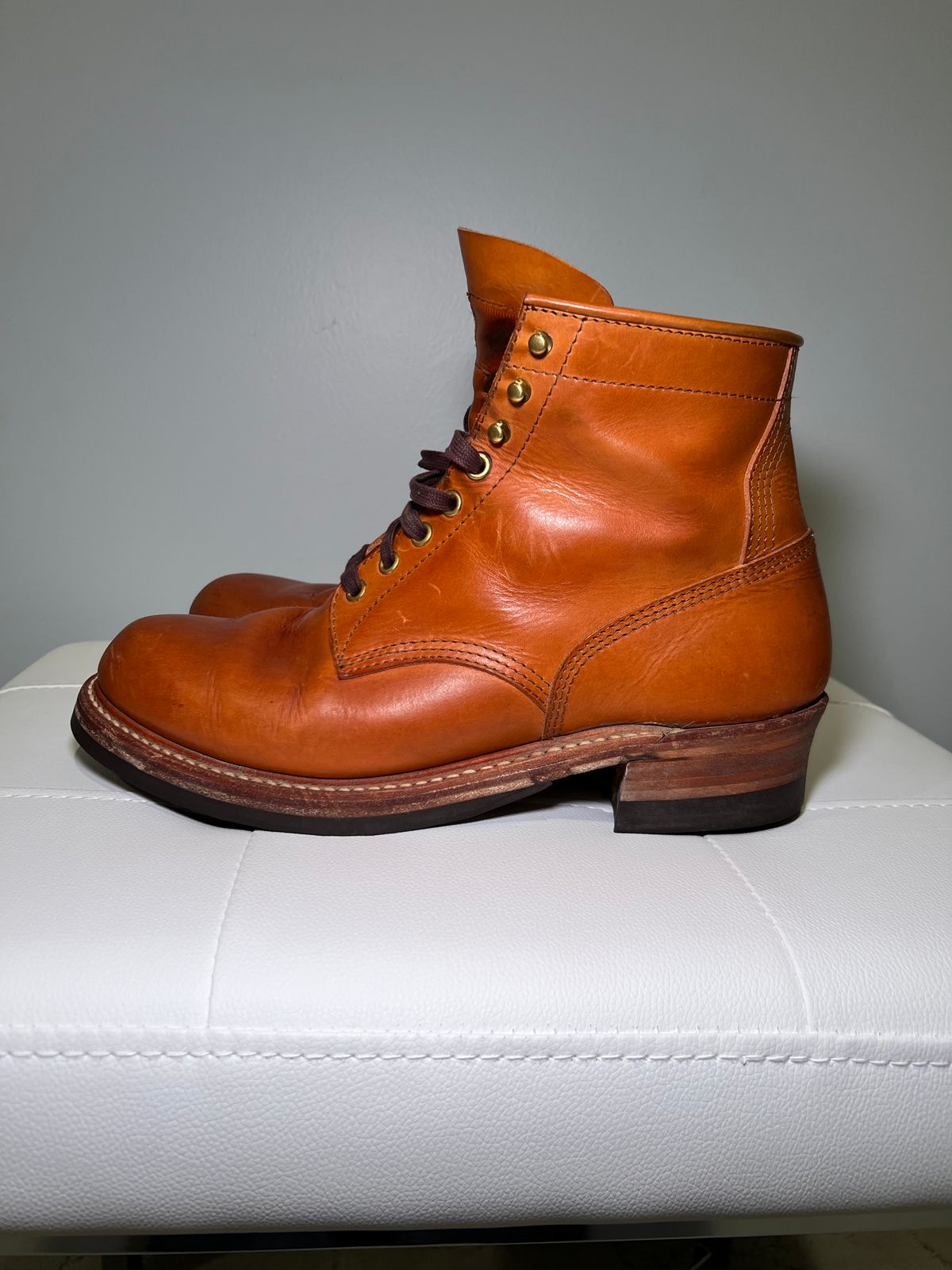 Photo by wvbootsndenim on April 6, 2025 of the John Lofgren Steel Gang Boots in Badalassi Carlo Bone Pueblo.