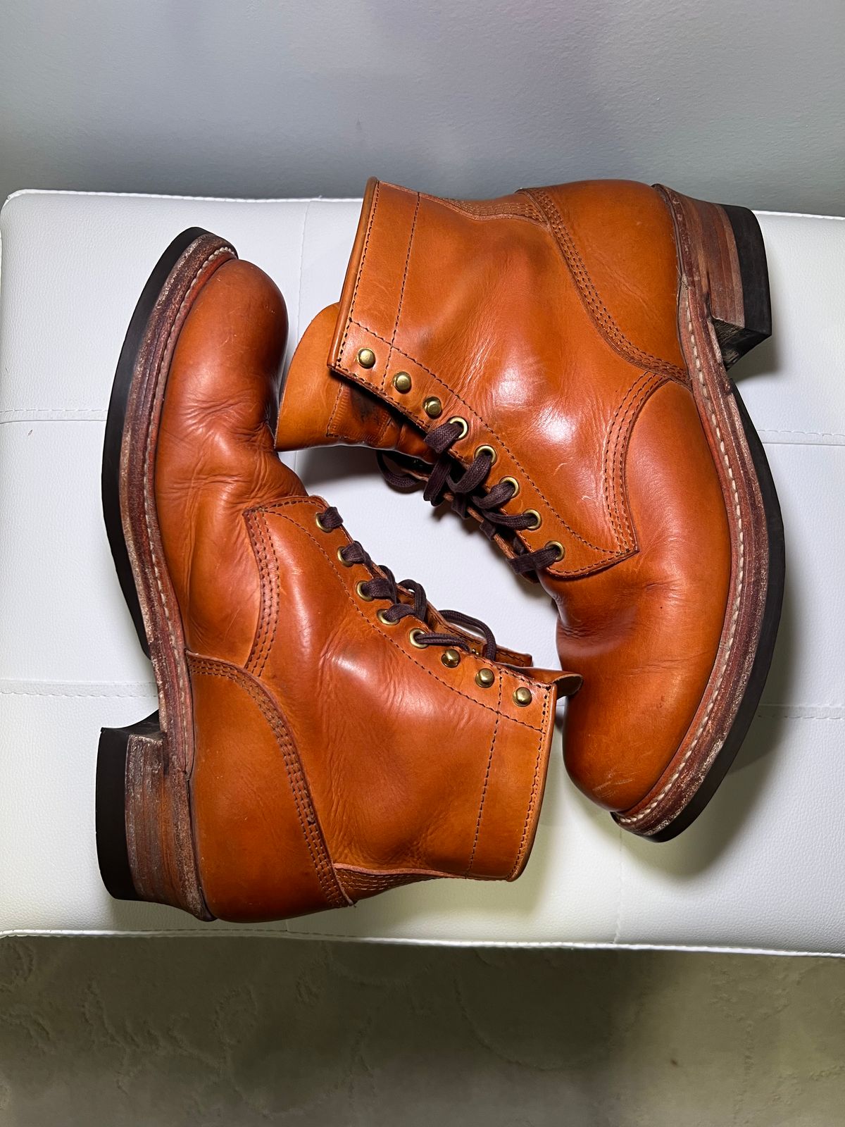 Photo by wvbootsndenim on April 6, 2025 of the John Lofgren Steel Gang Boots in Badalassi Carlo Bone Pueblo.