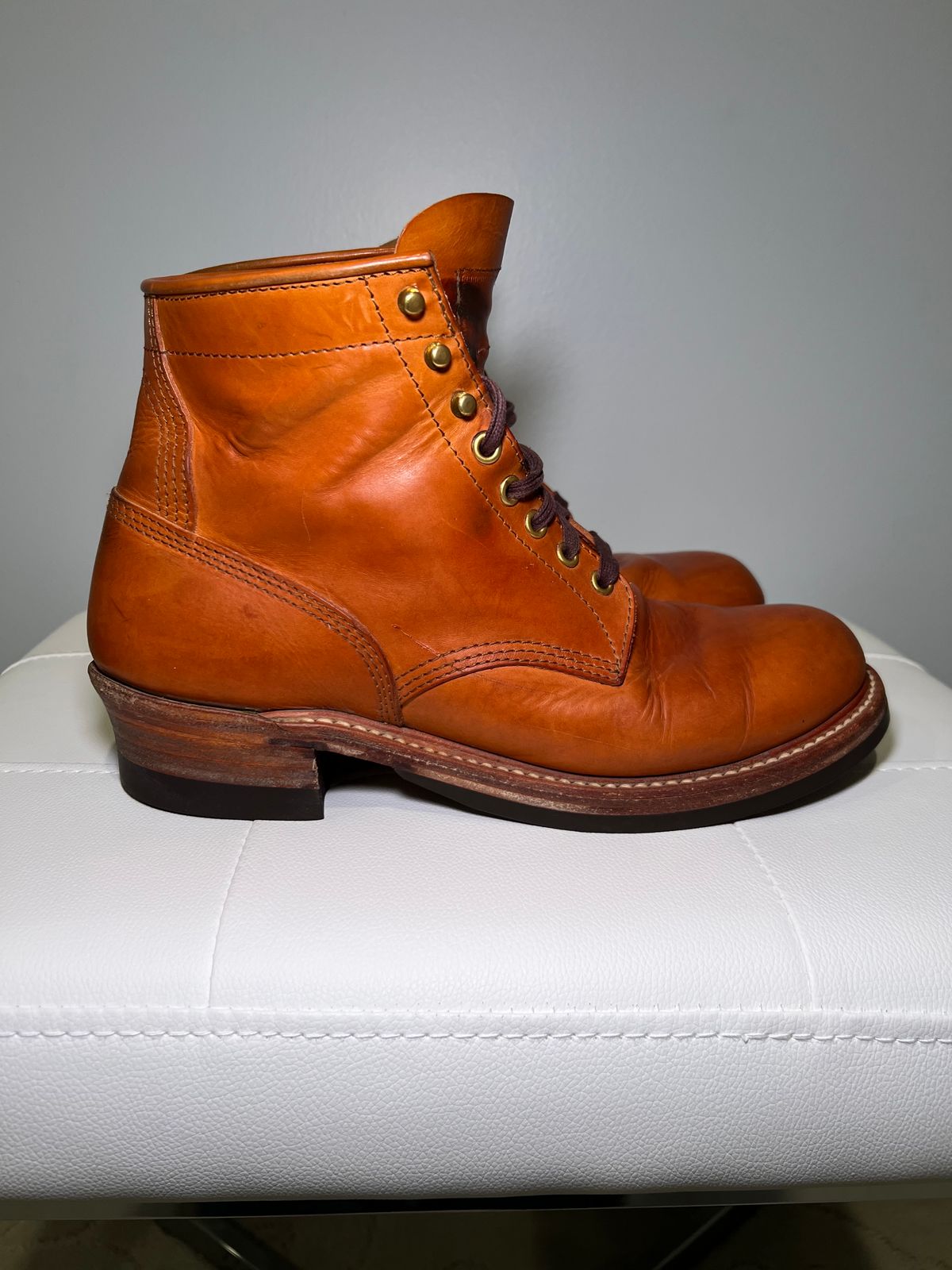 Photo by wvbootsndenim on April 6, 2025 of the John Lofgren Steel Gang Boots in Badalassi Carlo Bone Pueblo.