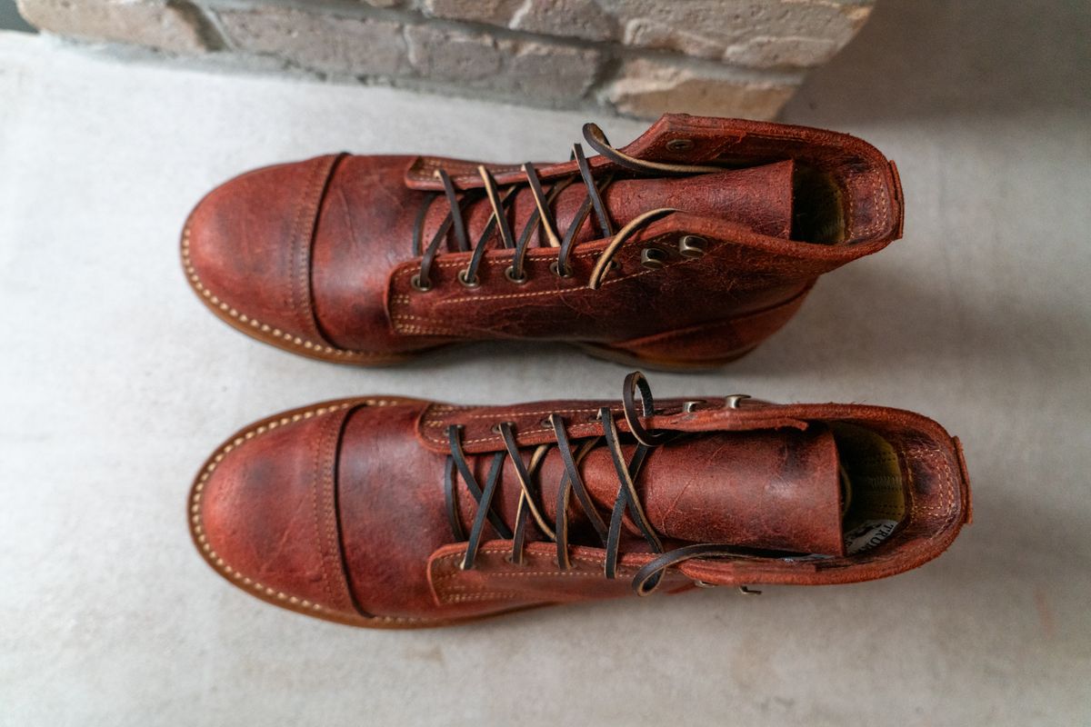 Photo by cconway816 on October 2, 2024 of the Truman Cap Toe Boot in C.F. Stead Russet Red Crazy Cow.
