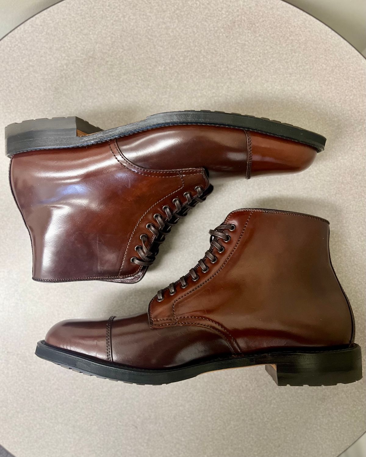 Photo by CellBlaster on October 4, 2023 of the Alden Straight Tip Boot in Horween Color 8 Shell Cordovan.
