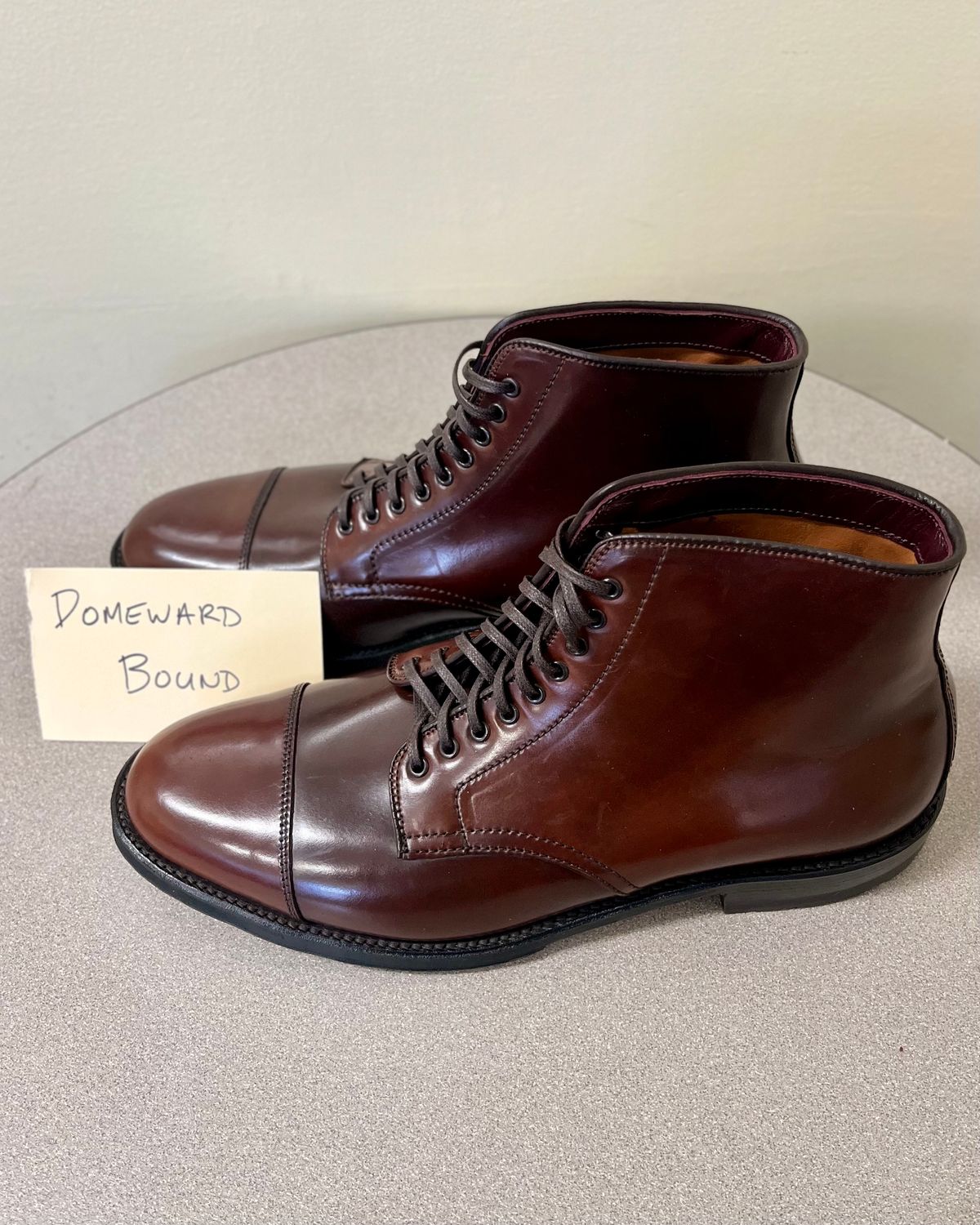 Photo by CellBlaster on October 4, 2023 of the Alden Straight Tip Boot in Horween Color 8 Shell Cordovan.