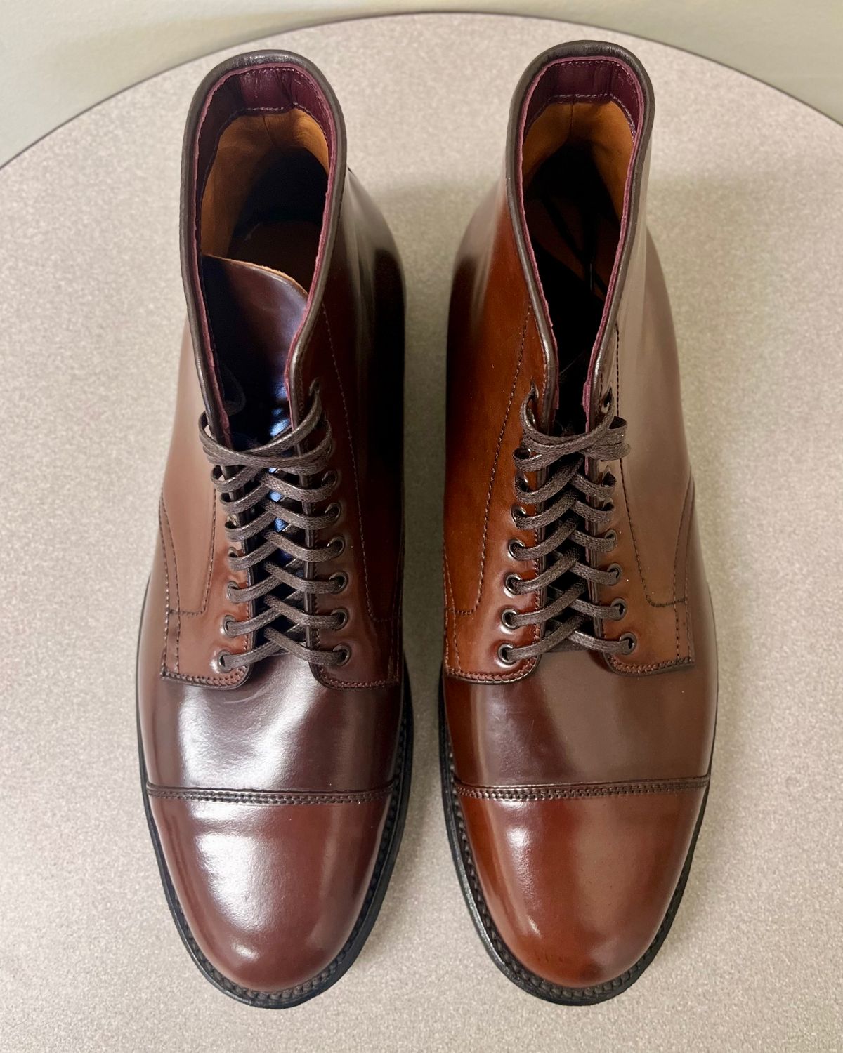 Photo by CellBlaster on October 4, 2023 of the Alden Straight Tip Boot in Horween Color 8 Shell Cordovan.