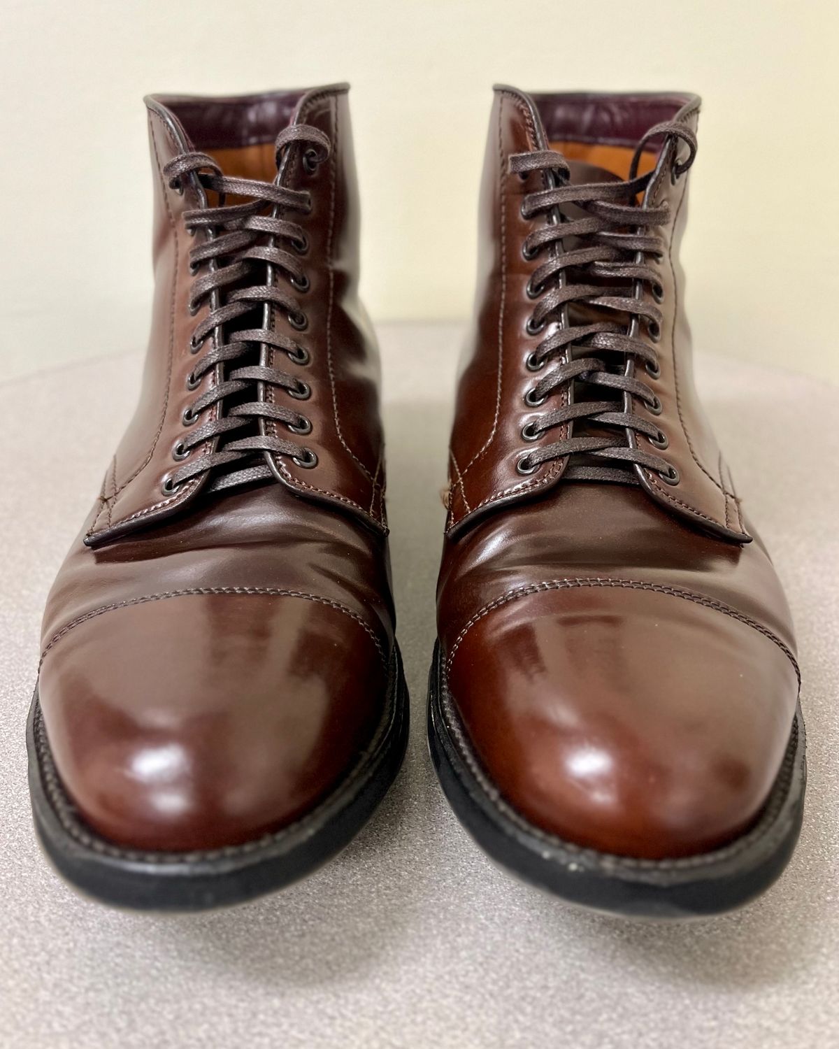 Photo by CellBlaster on November 3, 2023 of the Alden Straight Tip Boot in Horween Color 8 Shell Cordovan.