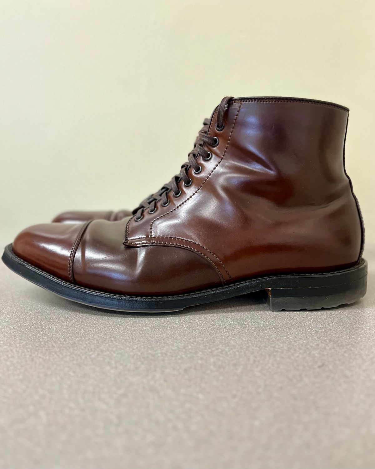 Photo by CellBlaster on November 3, 2023 of the Alden Straight Tip Boot in Horween Color 8 Shell Cordovan.
