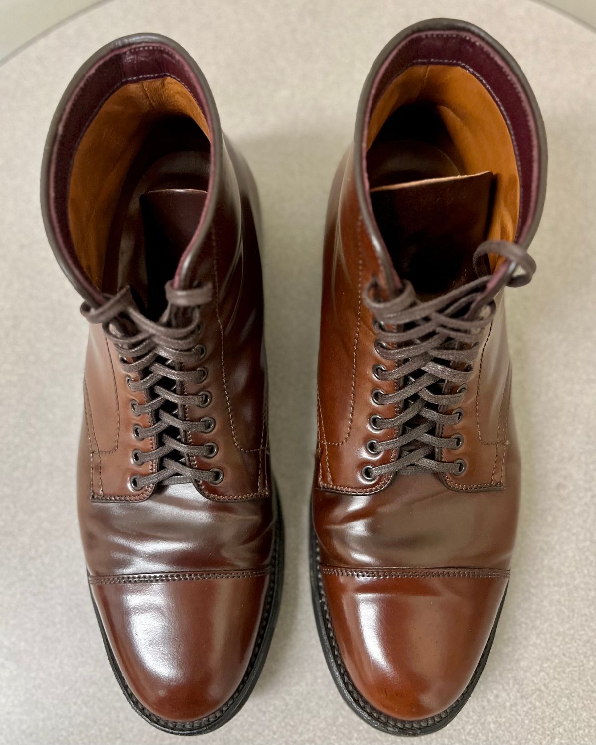 Photo by CellBlaster on November 3, 2023 of the Alden Straight Tip Boot in Horween Color 8 Shell Cordovan.