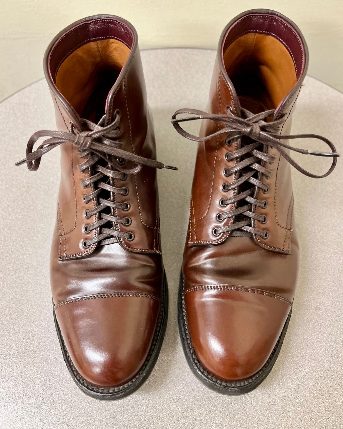 Photo by CellBlaster on December 12, 2023 of the Alden Straight Tip Boot in Horween Color 8 Shell Cordovan.