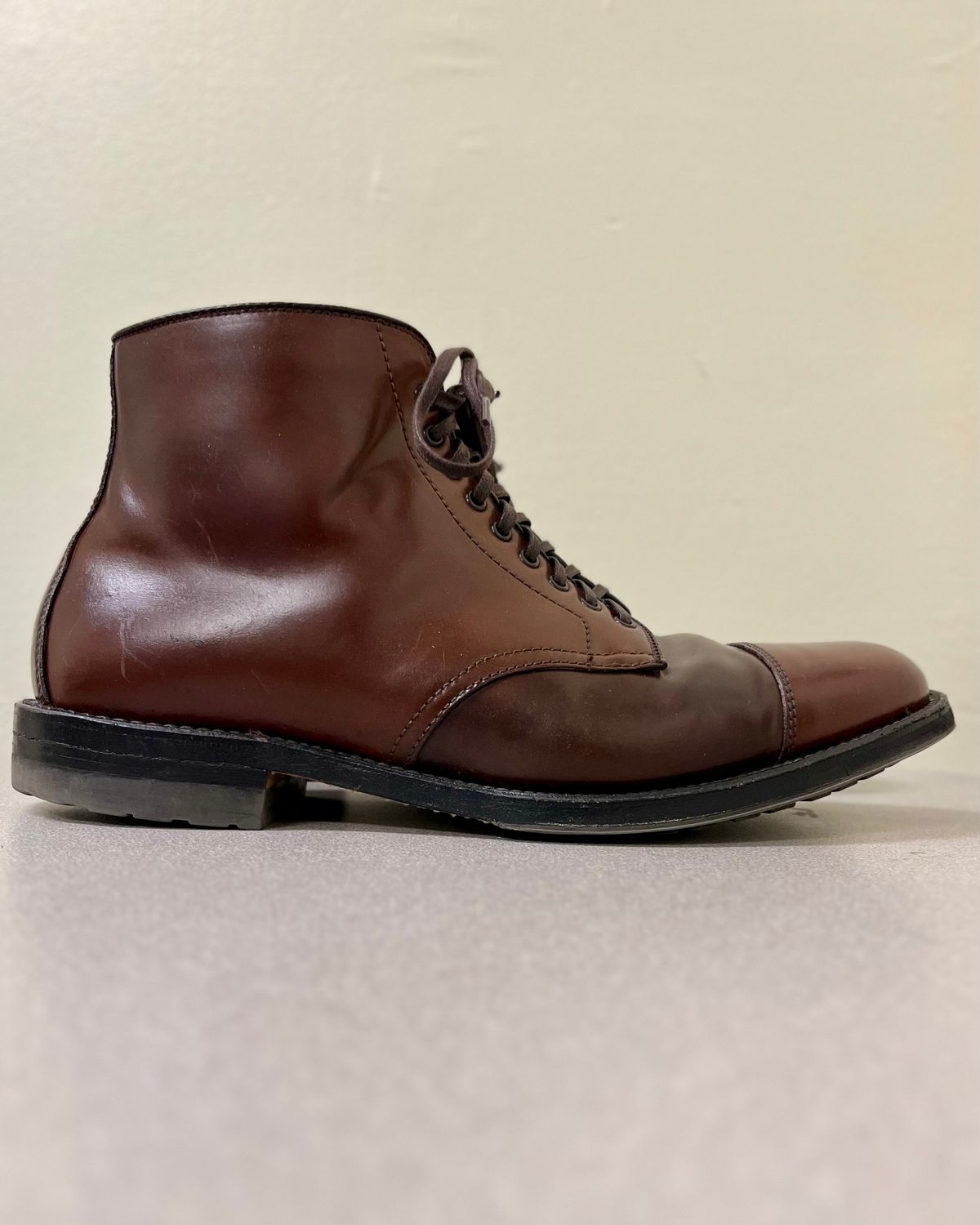 Photo by CellBlaster on December 12, 2023 of the Alden Straight Tip Boot in Horween Color 8 Shell Cordovan.