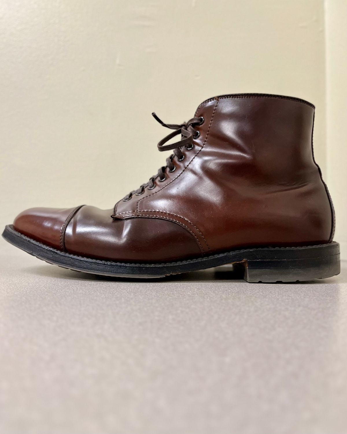 Photo by CellBlaster on December 12, 2023 of the Alden Straight Tip Boot in Horween Color 8 Shell Cordovan.