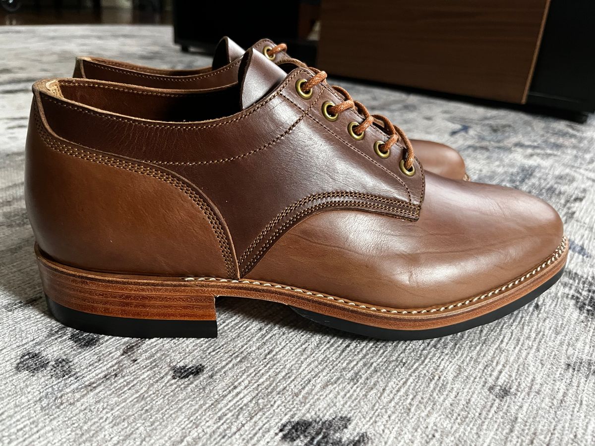 Photo by CellBlaster on March 30, 2023 of the Onderhoud LVL01 Derby Boot in Horween Natural Chromexcel Strips.