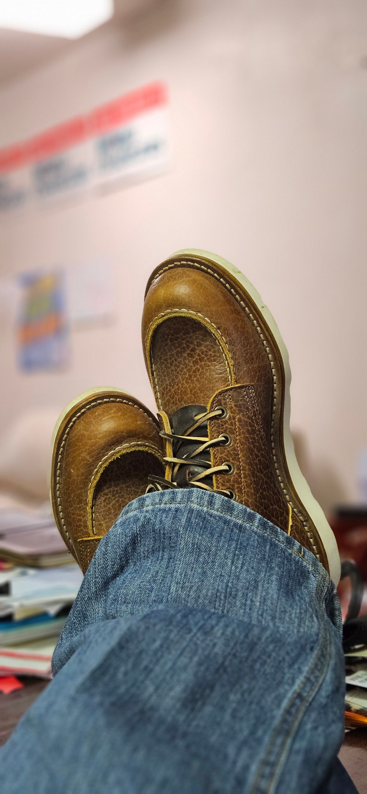 Photo by bro_moc on July 17, 2024 of the Truman Moc Toe in Cognac Shrunken Bison.