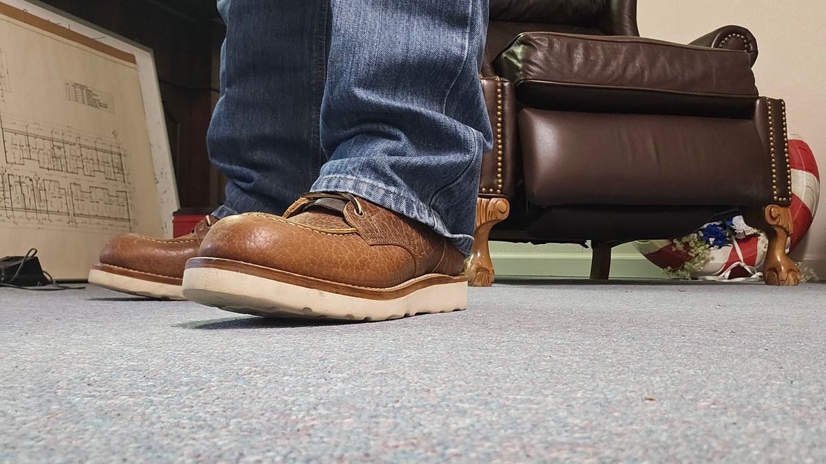 Photo by bro_moc on July 17, 2024 of the Truman Moc Toe in Cognac Shrunken Bison.