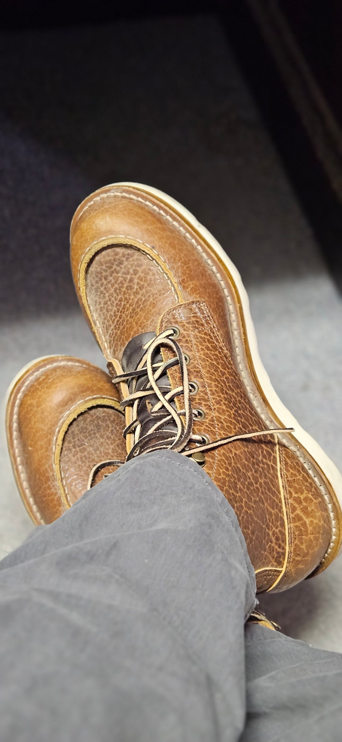 Photo by bro_moc on August 14, 2024 of the Truman Moc Toe in Cognac Shrunken Bison.