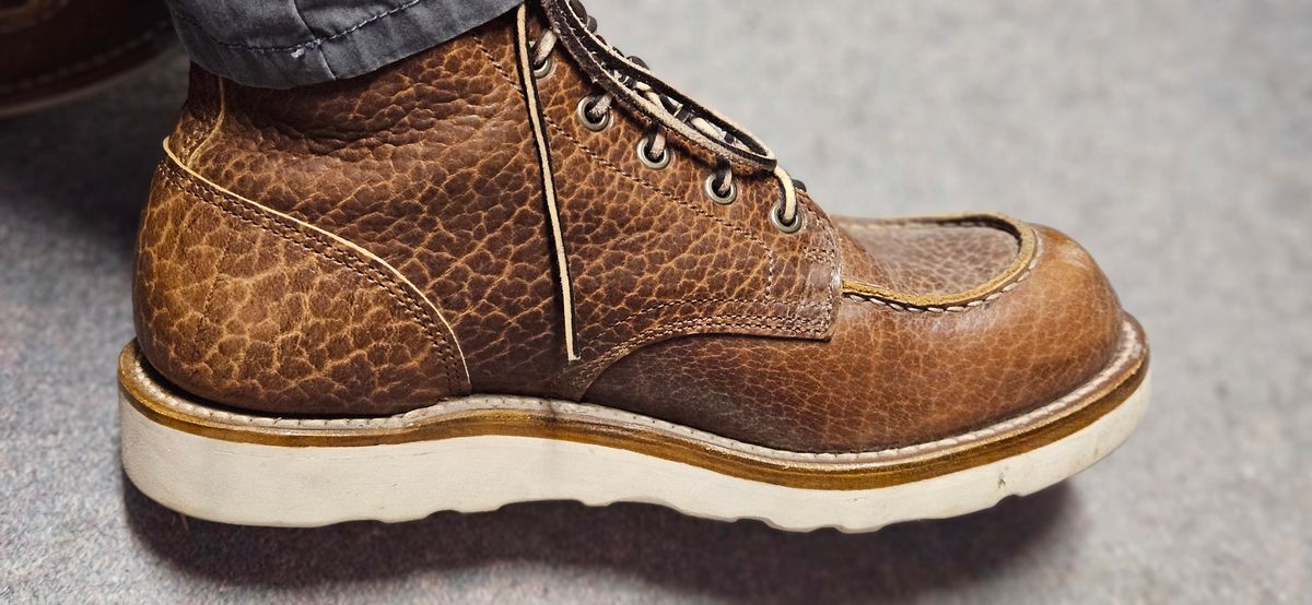 Photo by bro_moc on August 14, 2024 of the Truman Moc Toe in Cognac Shrunken Bison.